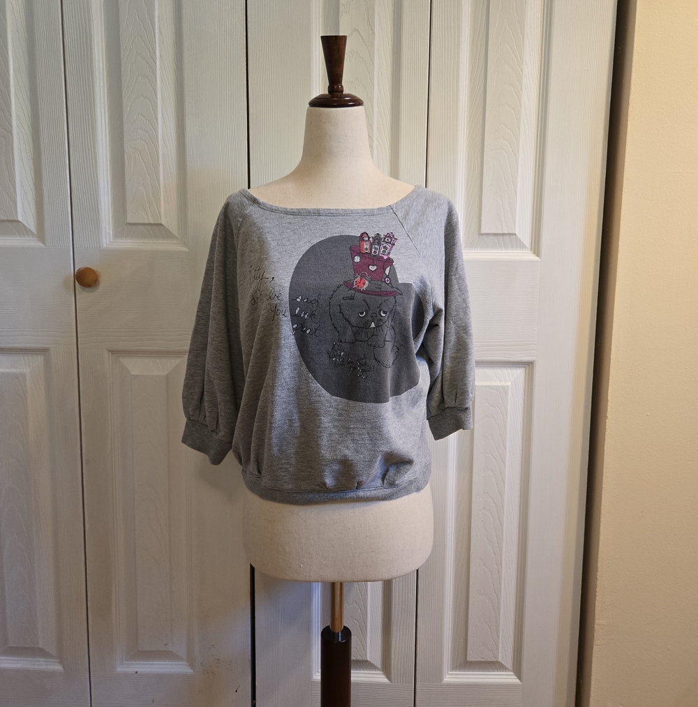 Sad Kitty Gray Scoop-Neck Graphic Sweatshirt